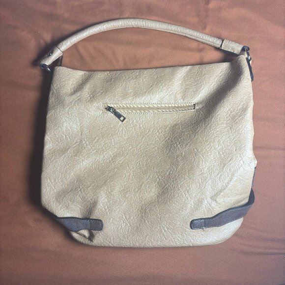 Neutral Tan Brown Blue Floral Tote Bag with Pockets and Zip Close 14x15in - Picture 2 of 8